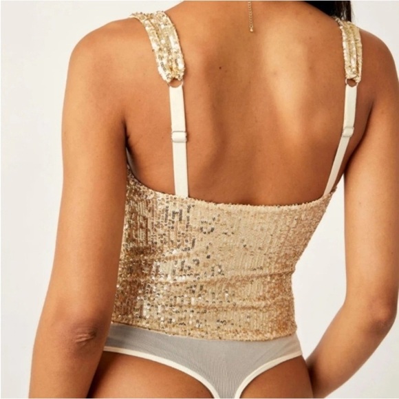 Intimately Free People Sparks Fly Bodysuit Gold Size Large Sequin Metallic NWT - Picture 3 of 12